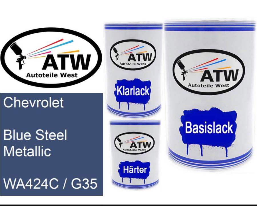 Chevrolet, Blue Steel Metallic, WA424C / G35: 500ml Lackdose + 500ml Klarlack + 250ml Härter - Set, von ATW Autoteile West.